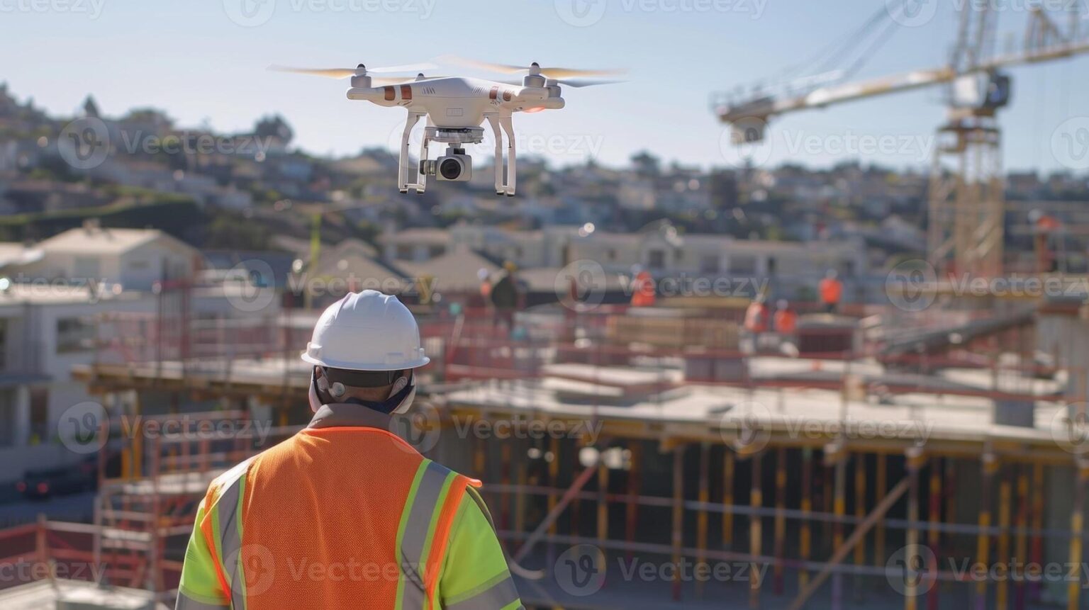 a-drone-hovers-above-the-construction-site-capturing-live-footage-of-workers-and-monitoring-the-progress-of-each-section-of-the-project-photo
